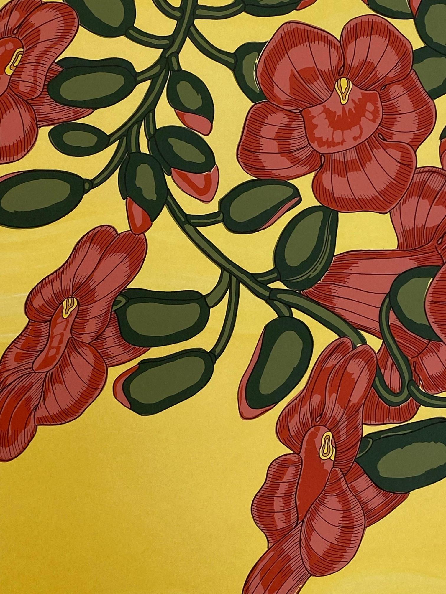Impression sérigraphiée botanique rose rouge sur or, fleurs corail foncé, jaune vif en vente 6
