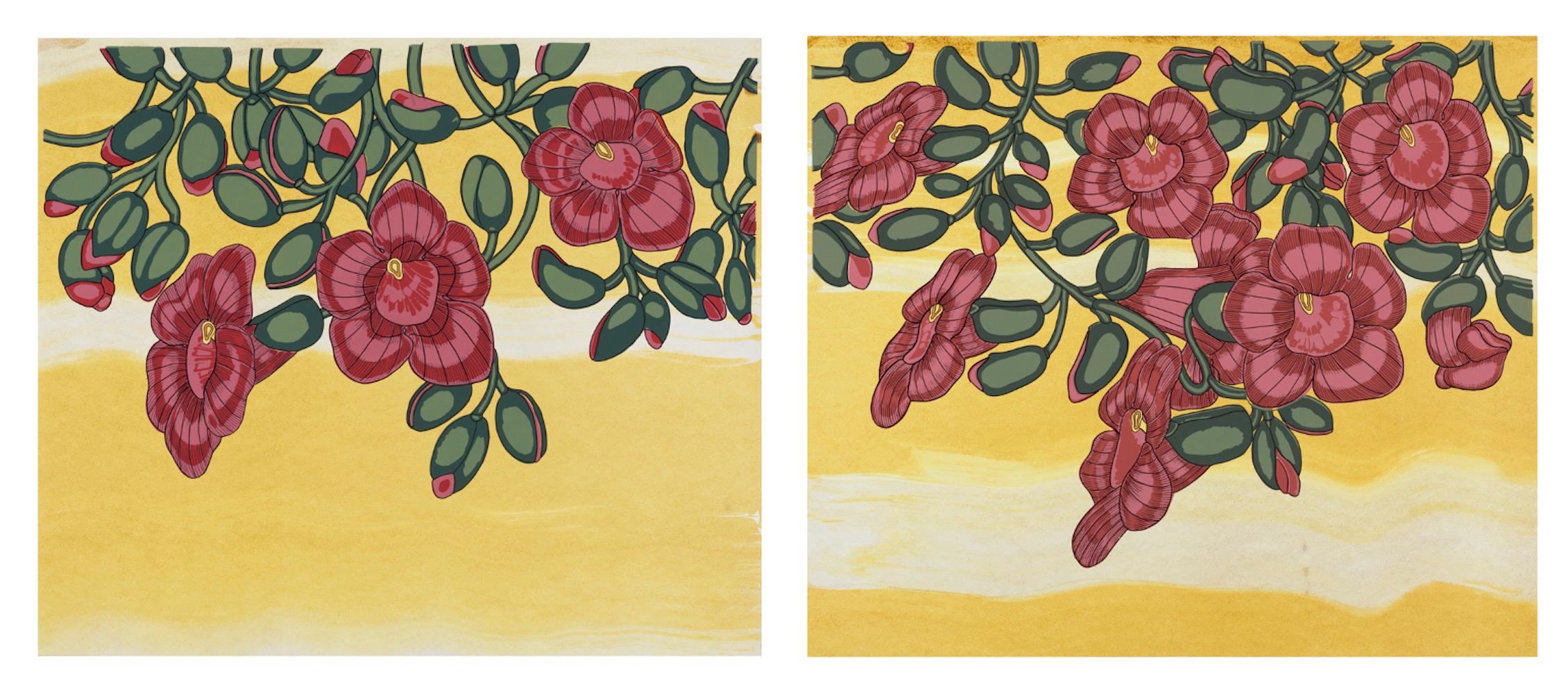 Red Pink on Gold, Botanical Silkscreen Print, Dark Coral Flowers, Bright Yellow - Art by Nancy Blum