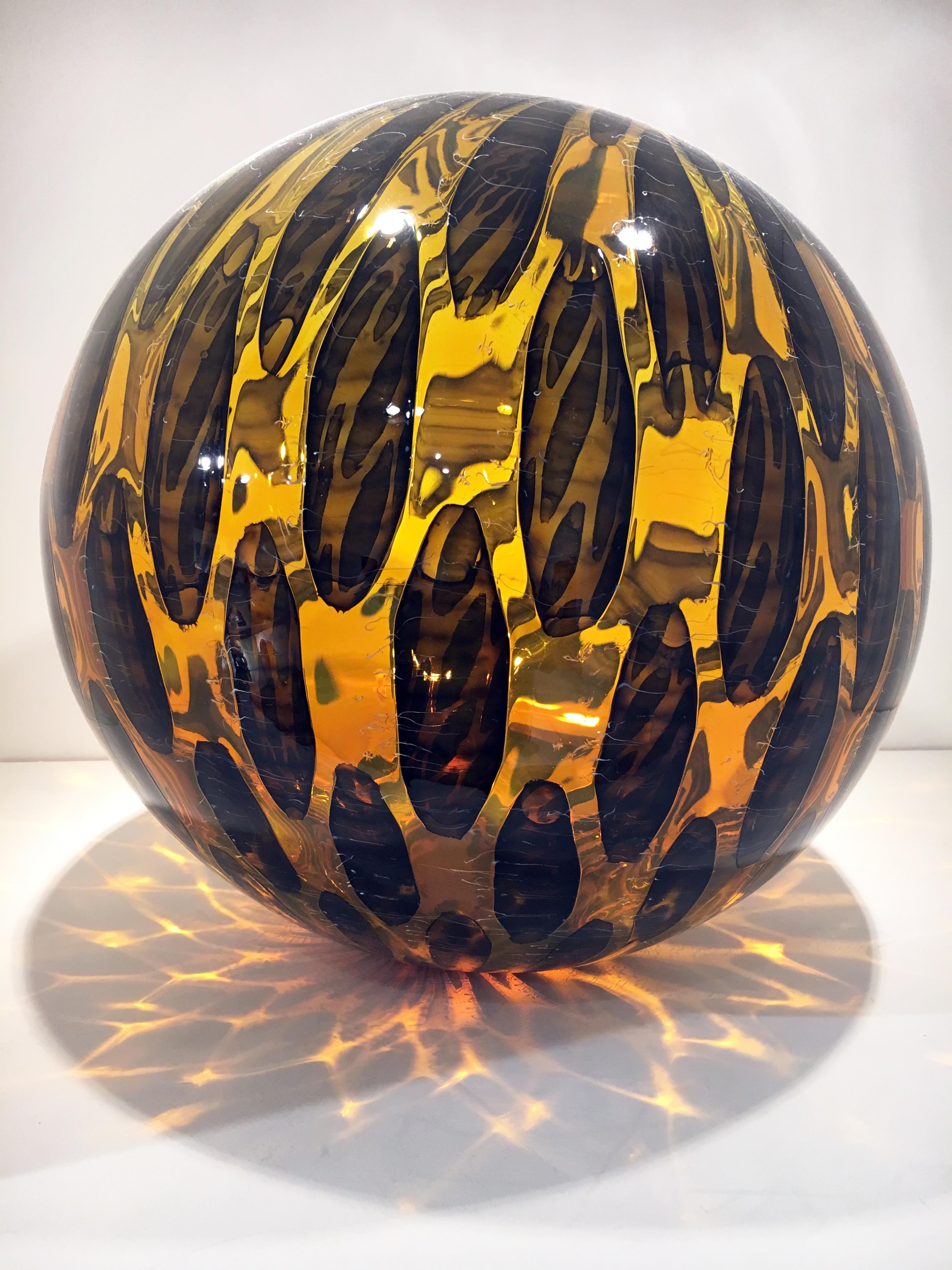 Nancy Callan Abstract Sculpture - "Amber Shimmer Orb", Contemporary Blown Glass Sculpture with Patterning