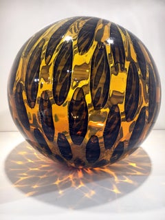 "Amber Shimmer Orb", Contemporary Blown Glass Sculpture with Patterning