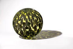 "Olive Shimmer Orb",  Contemporary Blown Glass Sculpture with Patterning