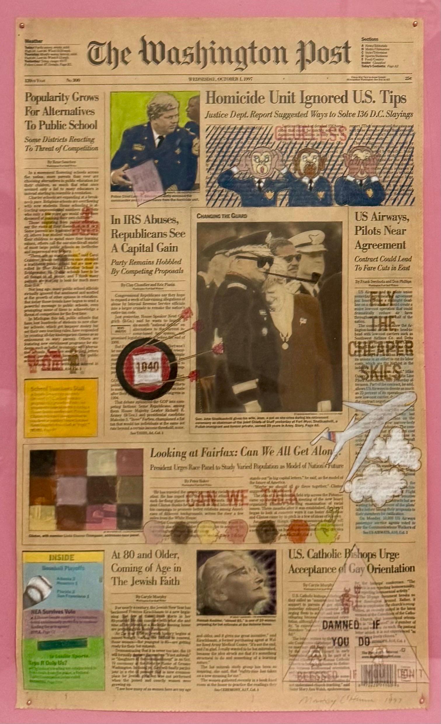 NANCY CHUNN (Amerikanerin, geboren 1941)
Unbetiteltes Mischtechnikwerk
Tusche und Pastell auf Zeitungspapier
Entsäuerte, künstlerisch gestaltete Ausgabe der Washington Post, 23. Oktober 1997, verschiedene Schlagzeilen und Abbildungen 
Abmessungen