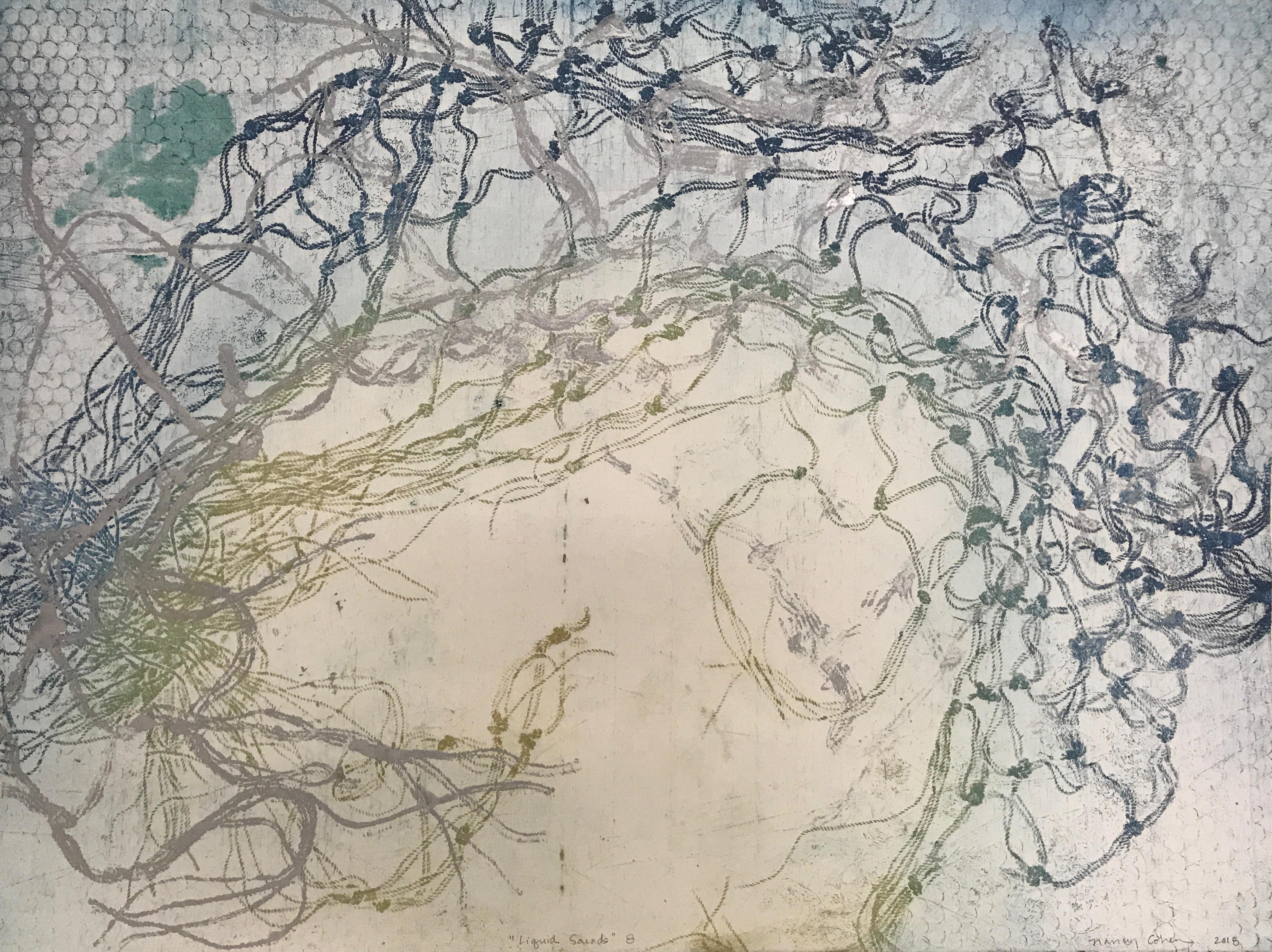 Nancy Cohen Abstract Print - "Liquid Sound 12" abstract waterscape monoprint, silver, gold, turquoise, green.