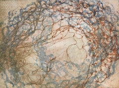"Liquid Sound 13" abstract waterscape monoprint, ochre, sanguine, blue pink..