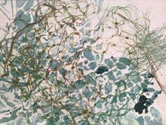 "Liquid Sound 15", waterscape monoprint, bronze gold, turquoise Prussian blue.