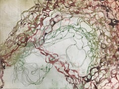 "Liquid Sound 28" soft ground waterscape monoprint, gold, green, pink magenta.