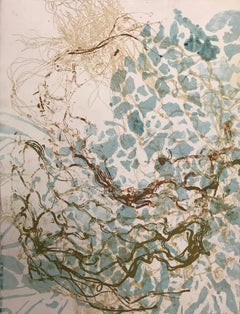 "Liquid Sound, Eight" abstract waterscape print, gold, umber, green, blue green.