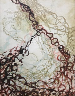 "Liquid Sound, Five" abstract soft ground waterscape monoprint, gold, deep red.