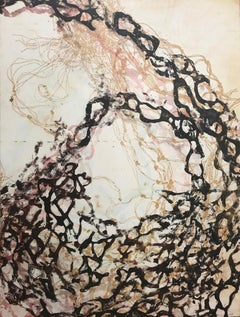 "Liquid Sound, Four" abstract waterscape monoprint, gold, warm black, pale pink.