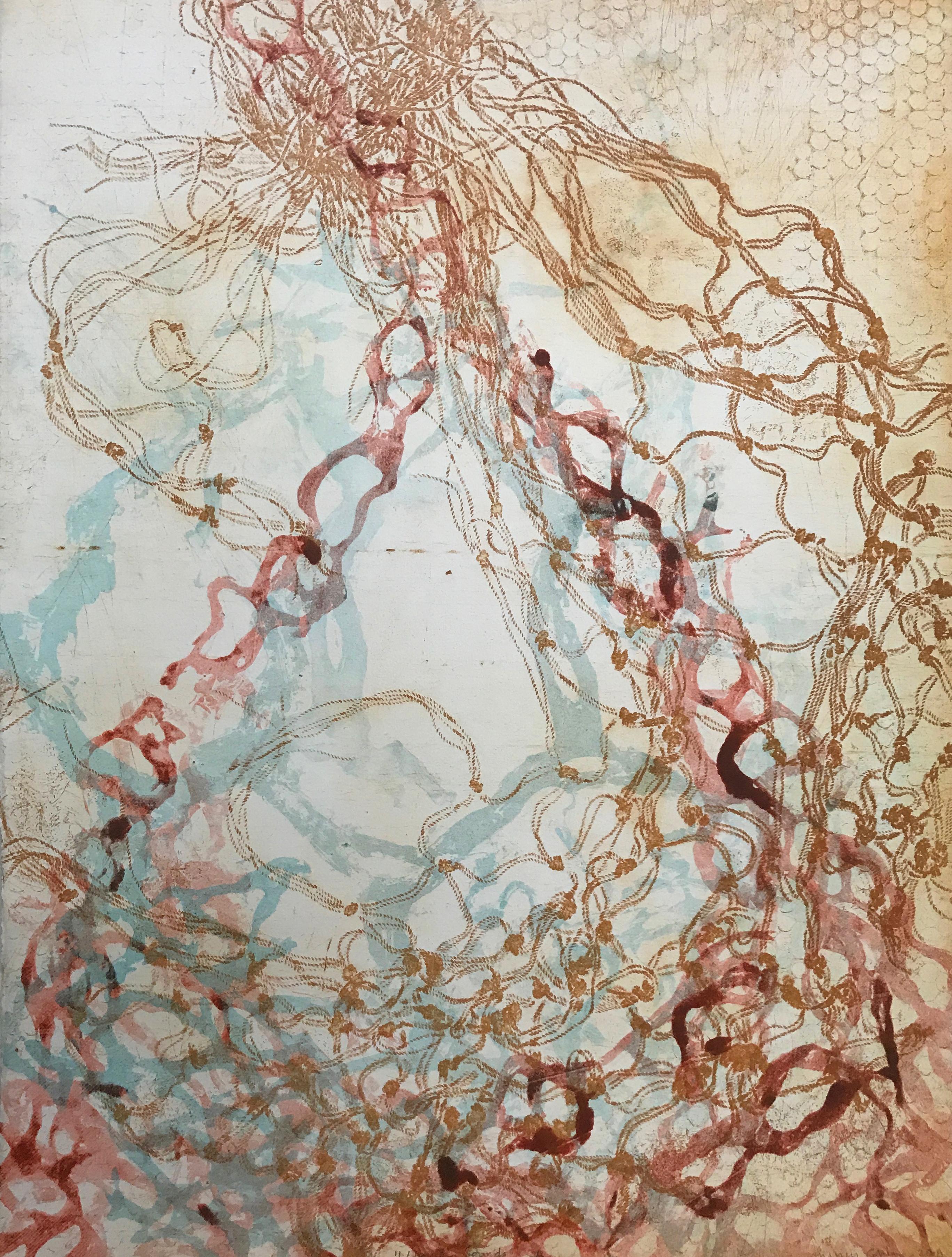 Nancy Cohen Abstract Print - "Liquid Sound, Seven" abstract waterscape print,  yellow ochre, red, turquoise.