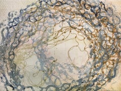 Nancy Cohen - "Liquid Sounds 10", soft ground waterscape monoprint, gold, ochre, blue, pink. "Liquid Sounds 10", soft ground waterscape monoprint, gold, ochre, blue, pink.