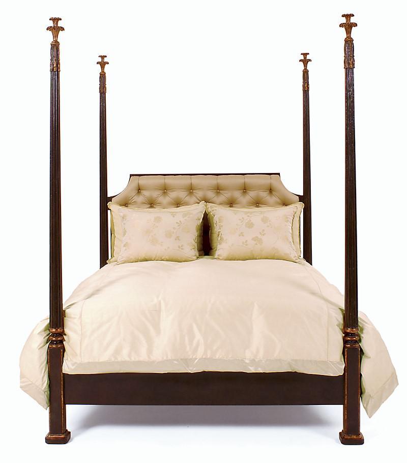 Art Deco Nancy Corzine Carved Walnut Silk Tufted Designer King Size Four Poster Bed