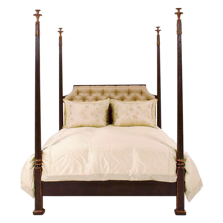 Nancy Corzine Carved Walnut Silk Tufted Designer King Size Four Poster Bed