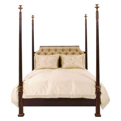 Vintage Nancy Corzine Carved Walnut Silk Tufted Designer King Size Four Poster Bed