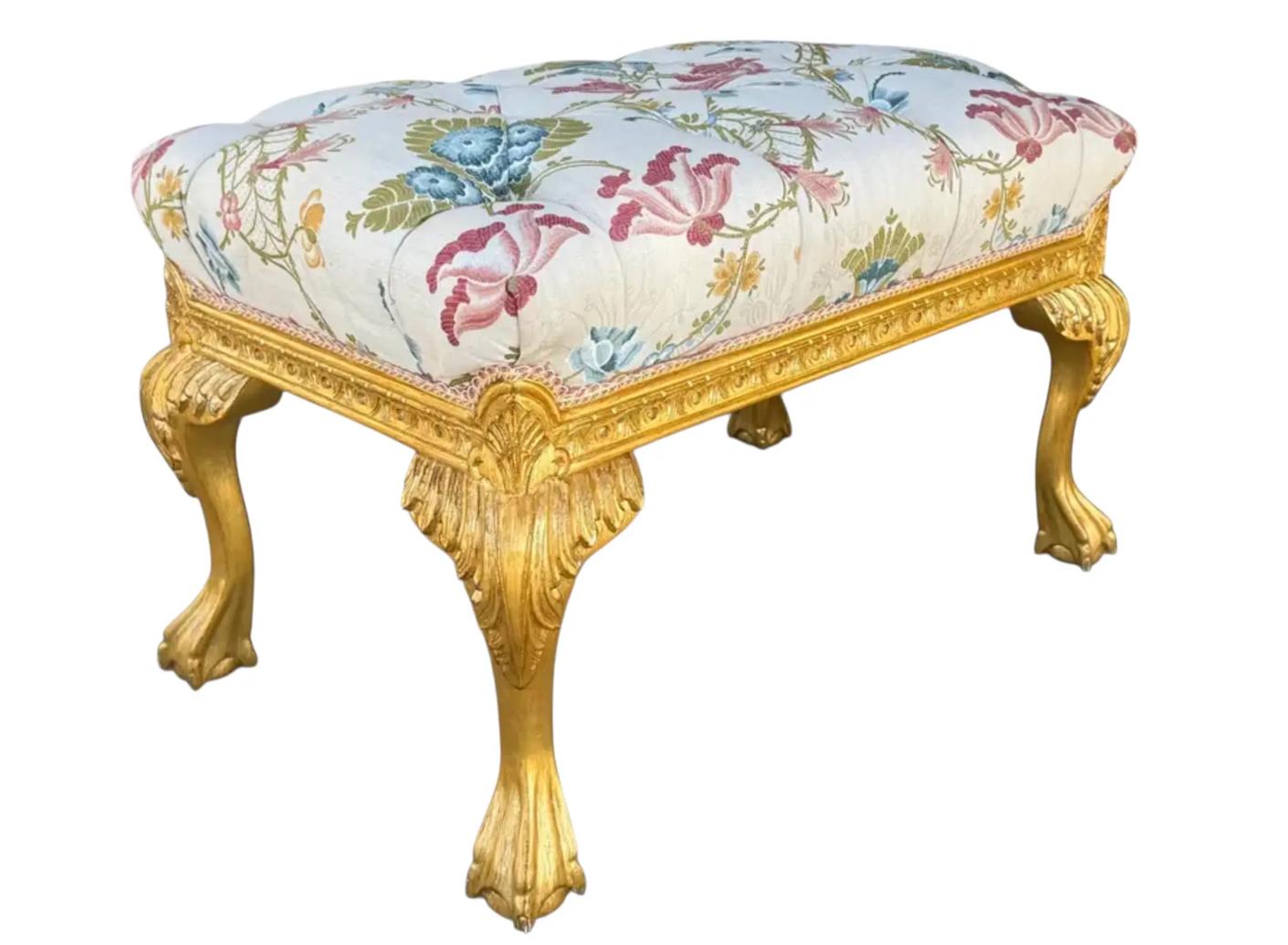 Nancy Corzine Chippendale Designer Giltwood Bench With Scalamandre Tufted Seat.