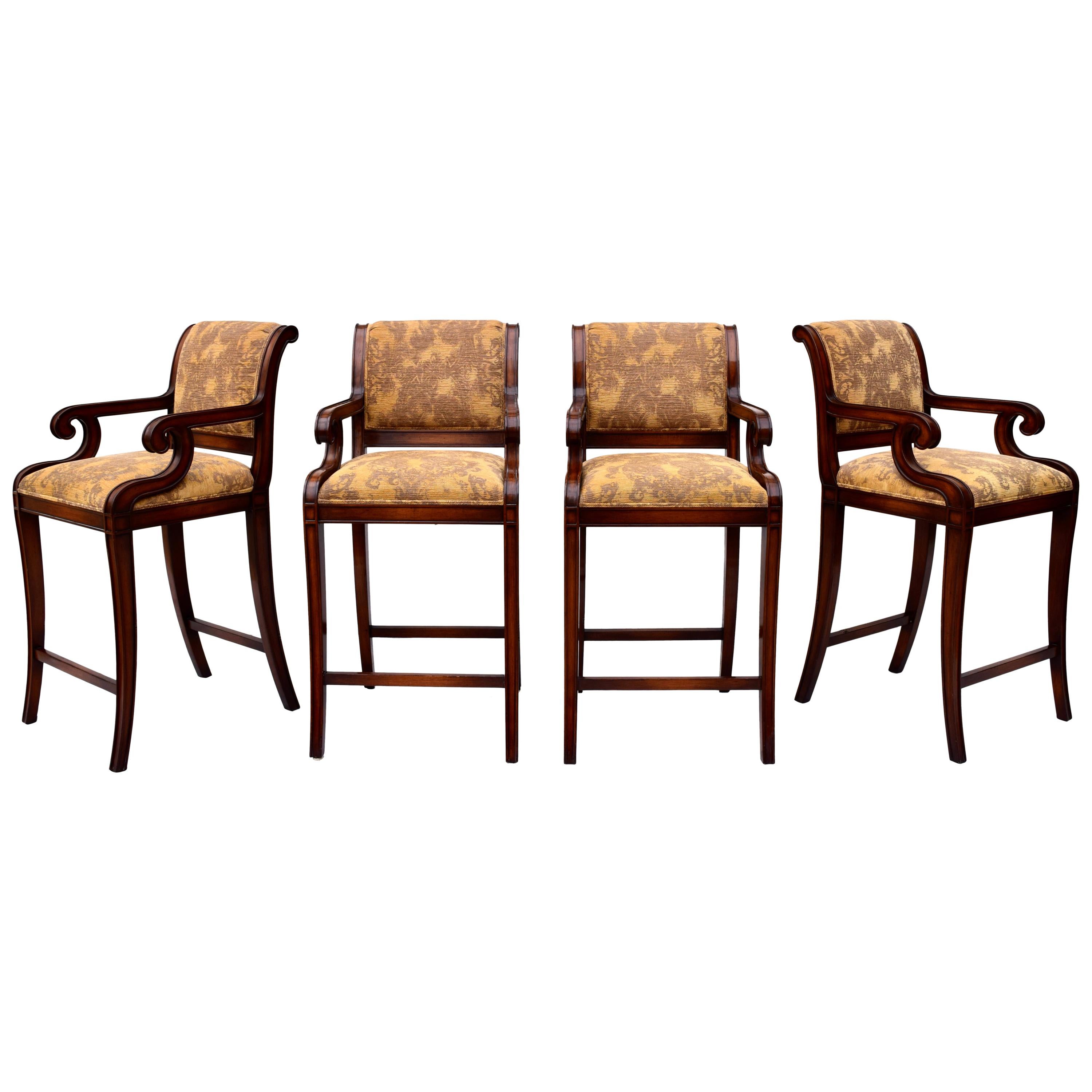 Nancy Corzine Classic Regency bar chairs item # 8011 in English walnut waxed finish with tags.  Sold as a pair the chairs are in exceptionally well maintained condition. Two sets available.