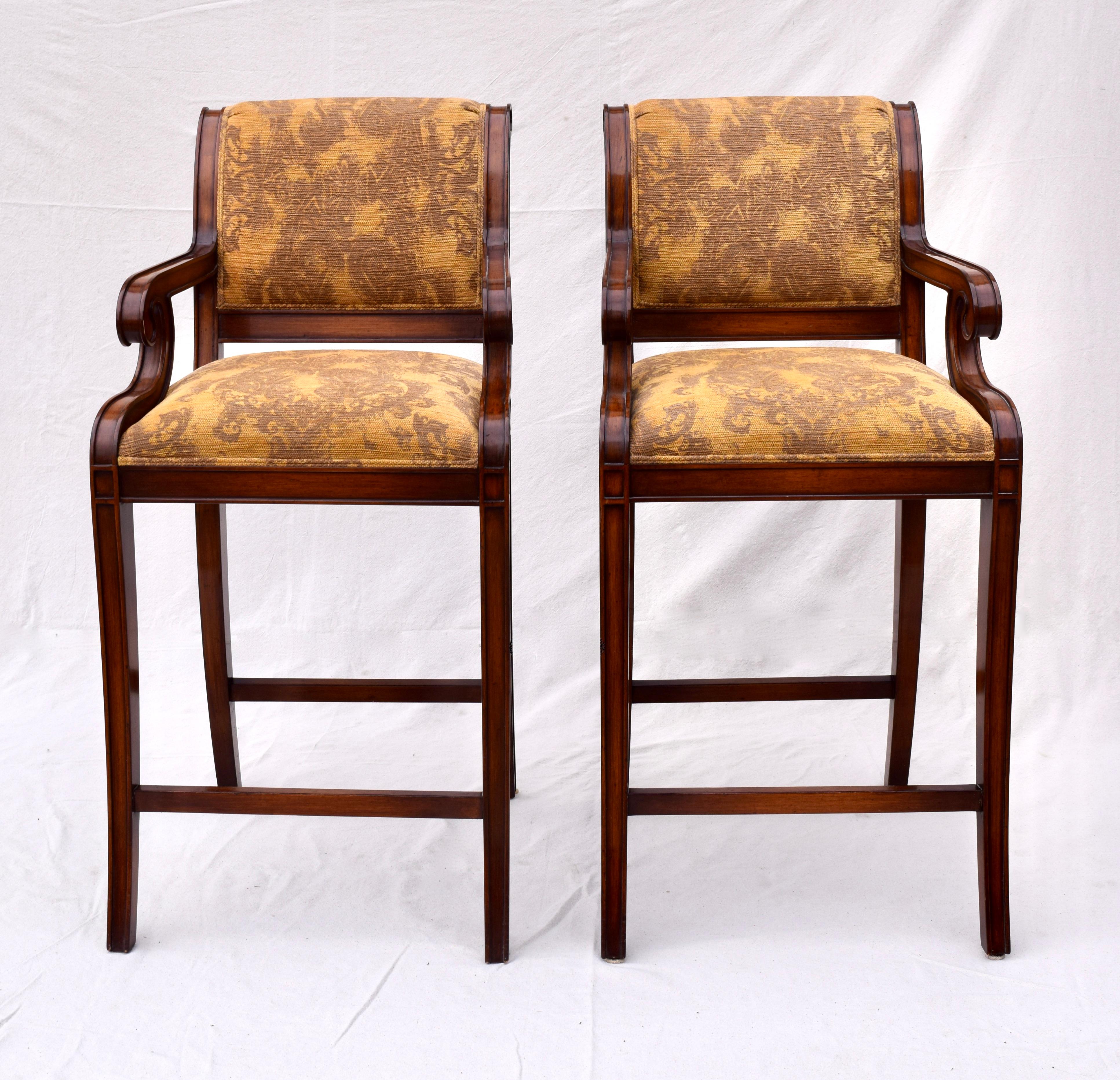 Upholstery Nancy Corzine Classic Regency Bar Stool Chairs, Pair For Sale