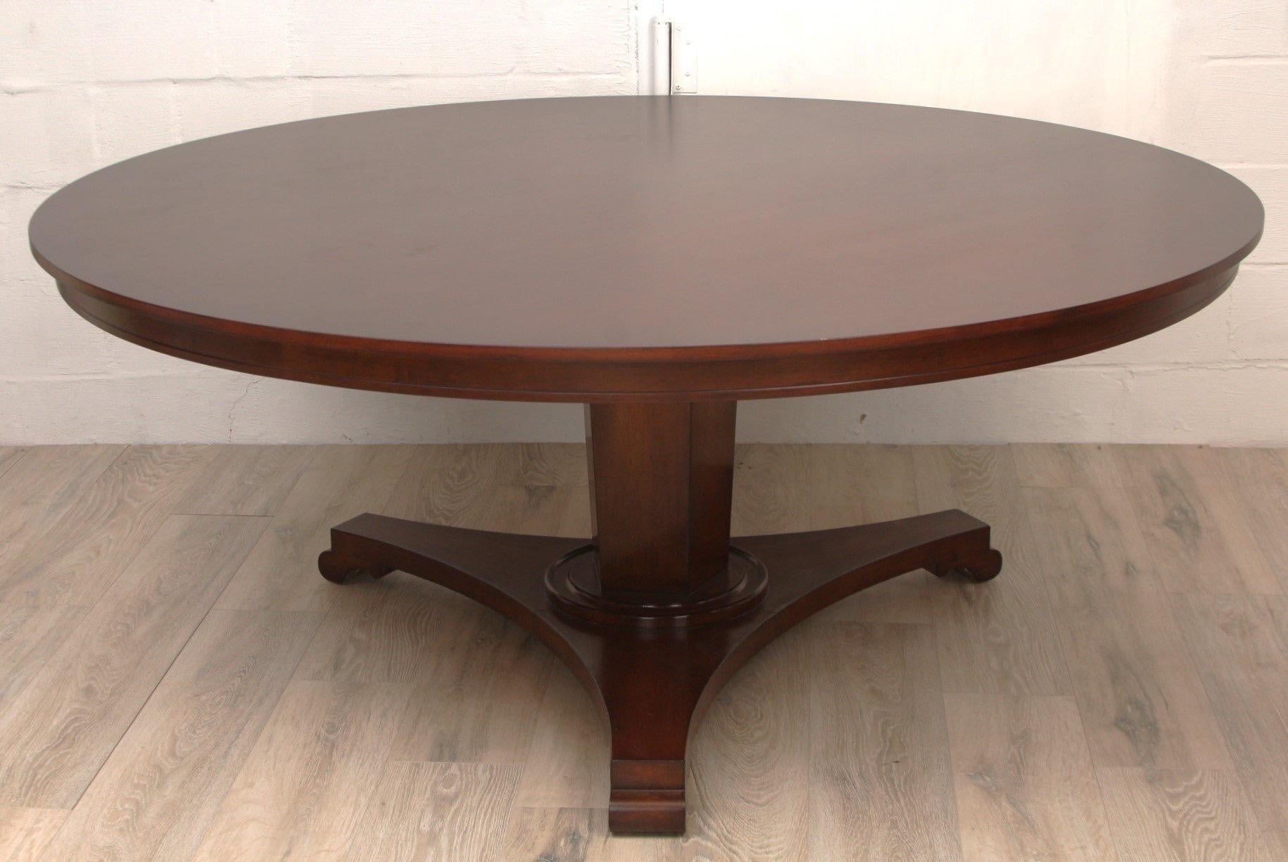 Nancy Corzine Colbert Dining Table in richly polished wood with a column base.

Marked with stamped factory numbers.

Newly refinished and in excellent condition.

Dimensions:  72” W x 29.5” H  x  26.5” Width of Base at Floor