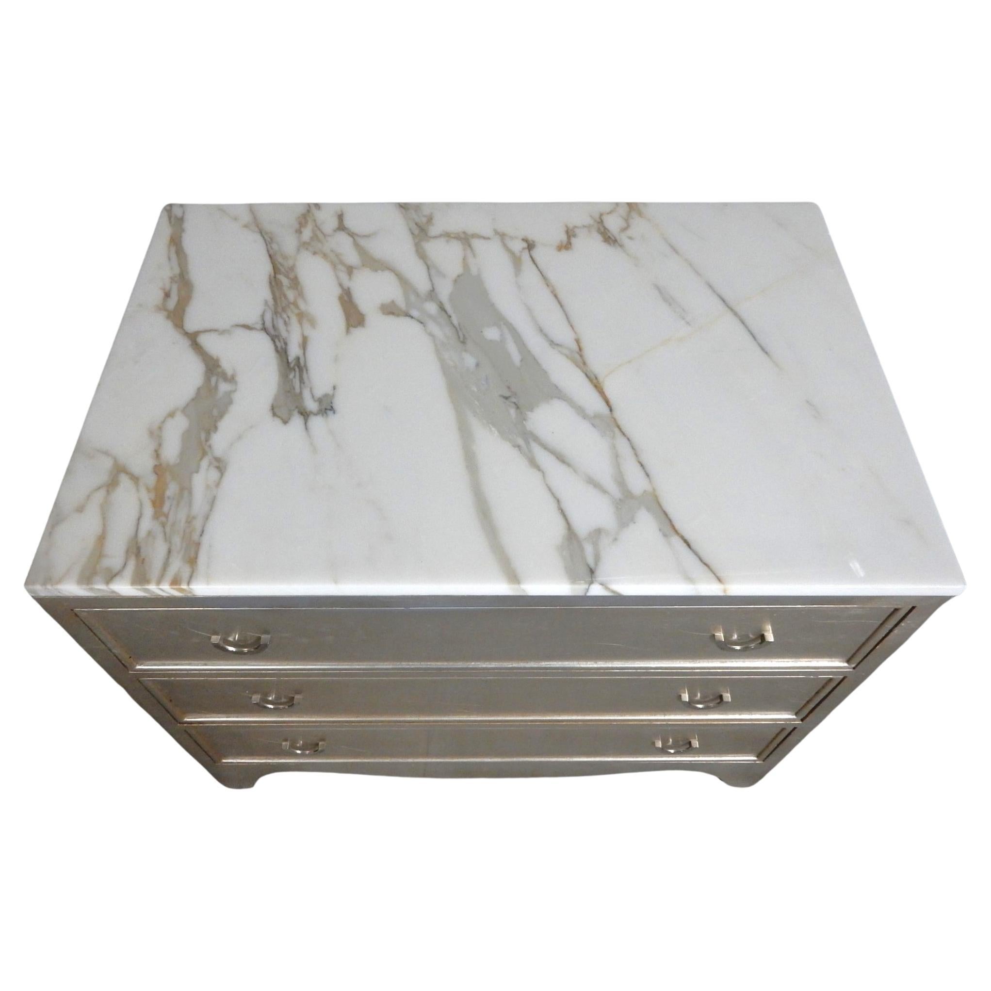 Modern Nancy Corzine design Tea Leaf Silver Chest with Italian Marble Top For Sale