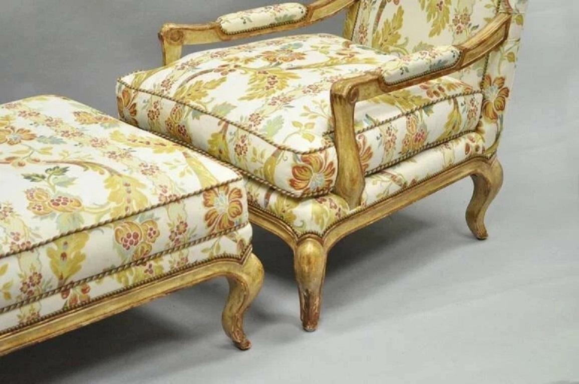 Nancy Corzine French Country Provincial Louis XV Bergere Lounge Chair & Ottoman In Good Condition For Sale In Philadelphia, PA