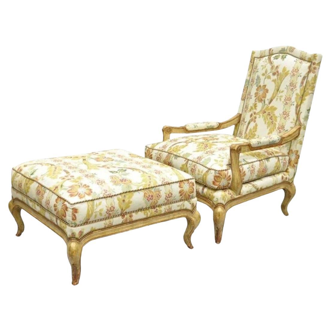 Nancy Corzine French Country Provincial Louis XV Bergere Lounge Chair & Ottoman For Sale