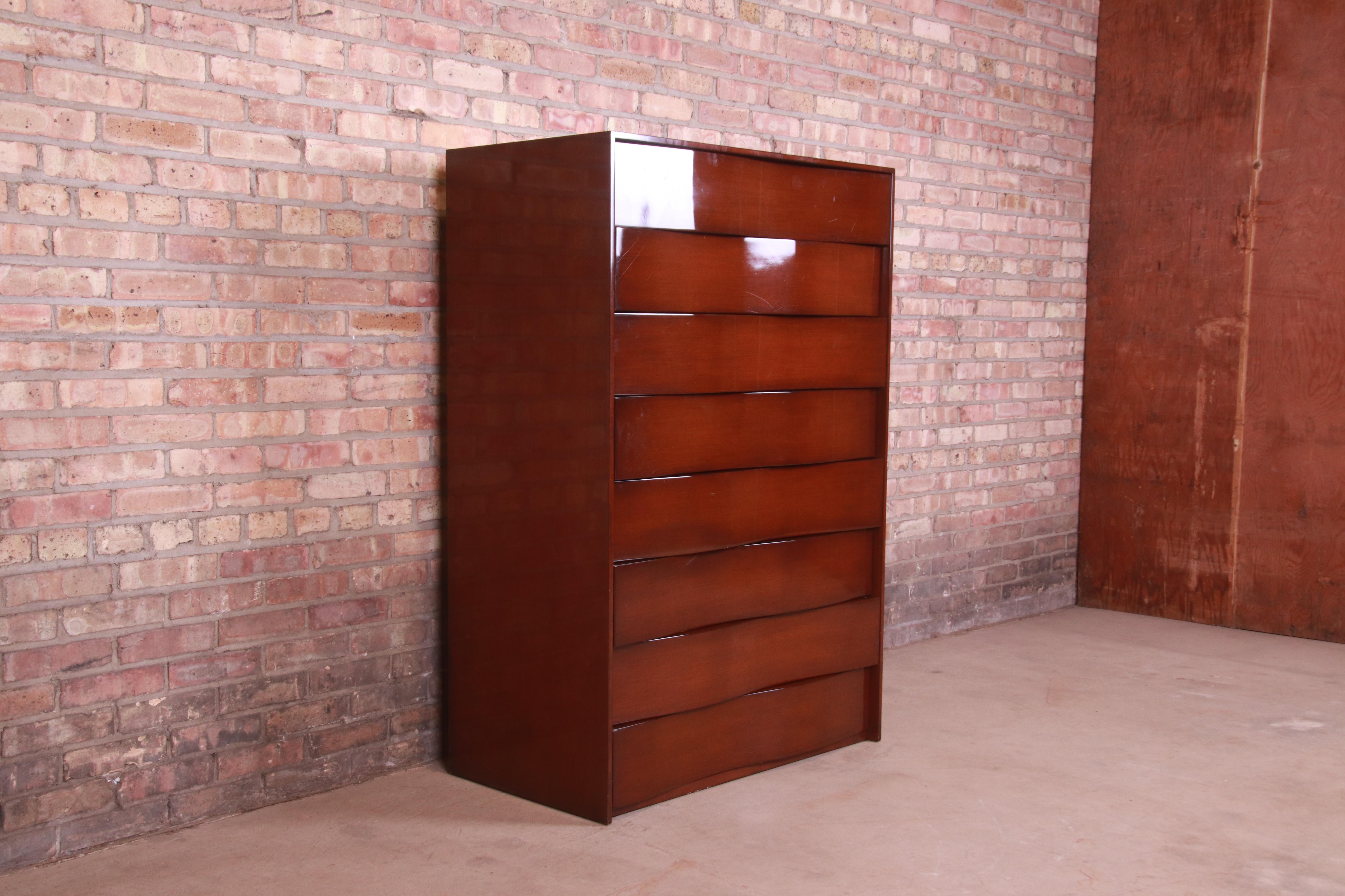 Nancy Corzine Modern English Walnut Wave Front Highboy Dresser In Good Condition For Sale In South Bend, IN