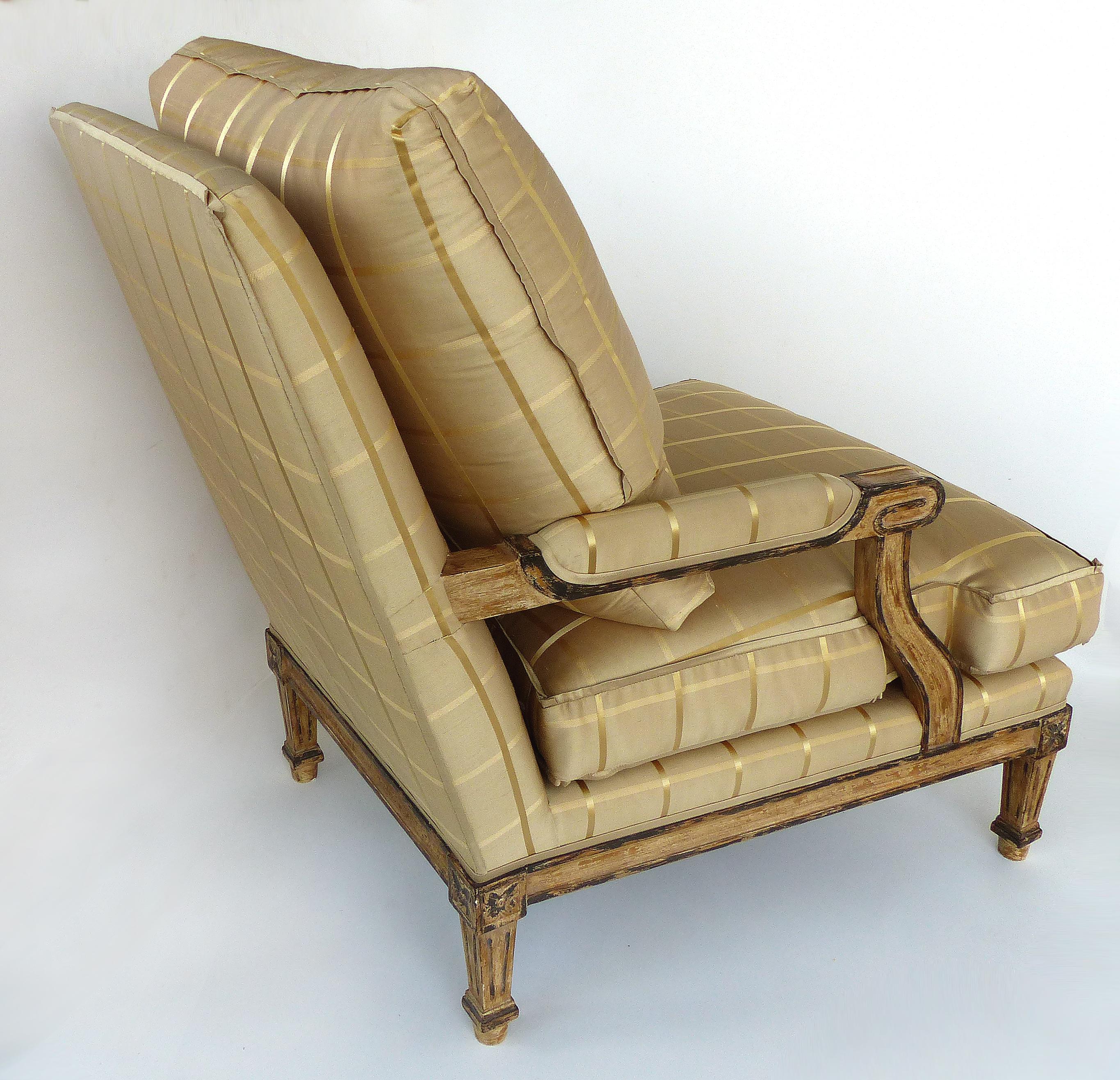 Nancy Corzine Neoclassical Fauteuil Armchairs with Silk Upholstery and Down In Excellent Condition In Miami, FL