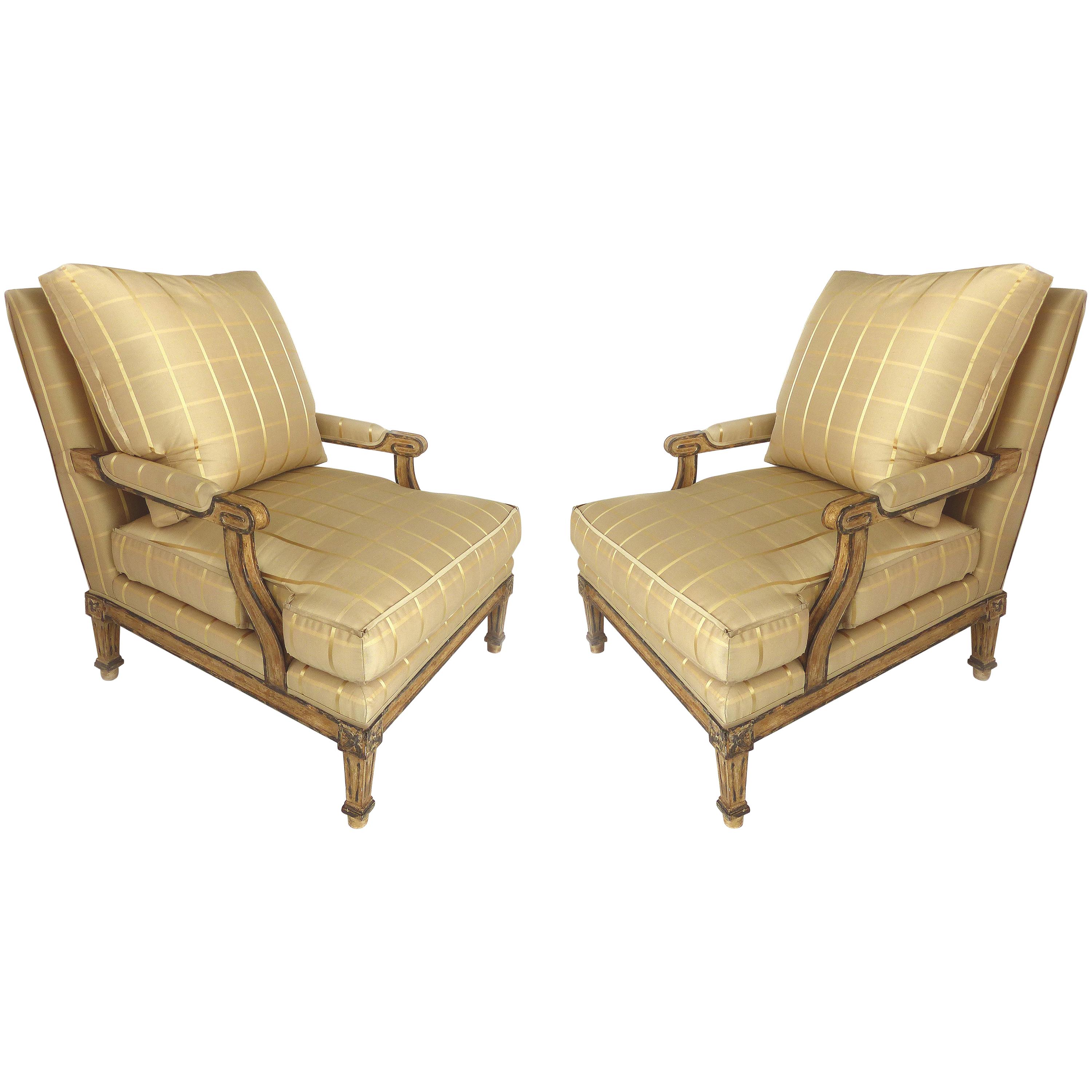 Nancy Corzine Neoclassical Fauteuil Armchairs with Silk Upholstery and Down