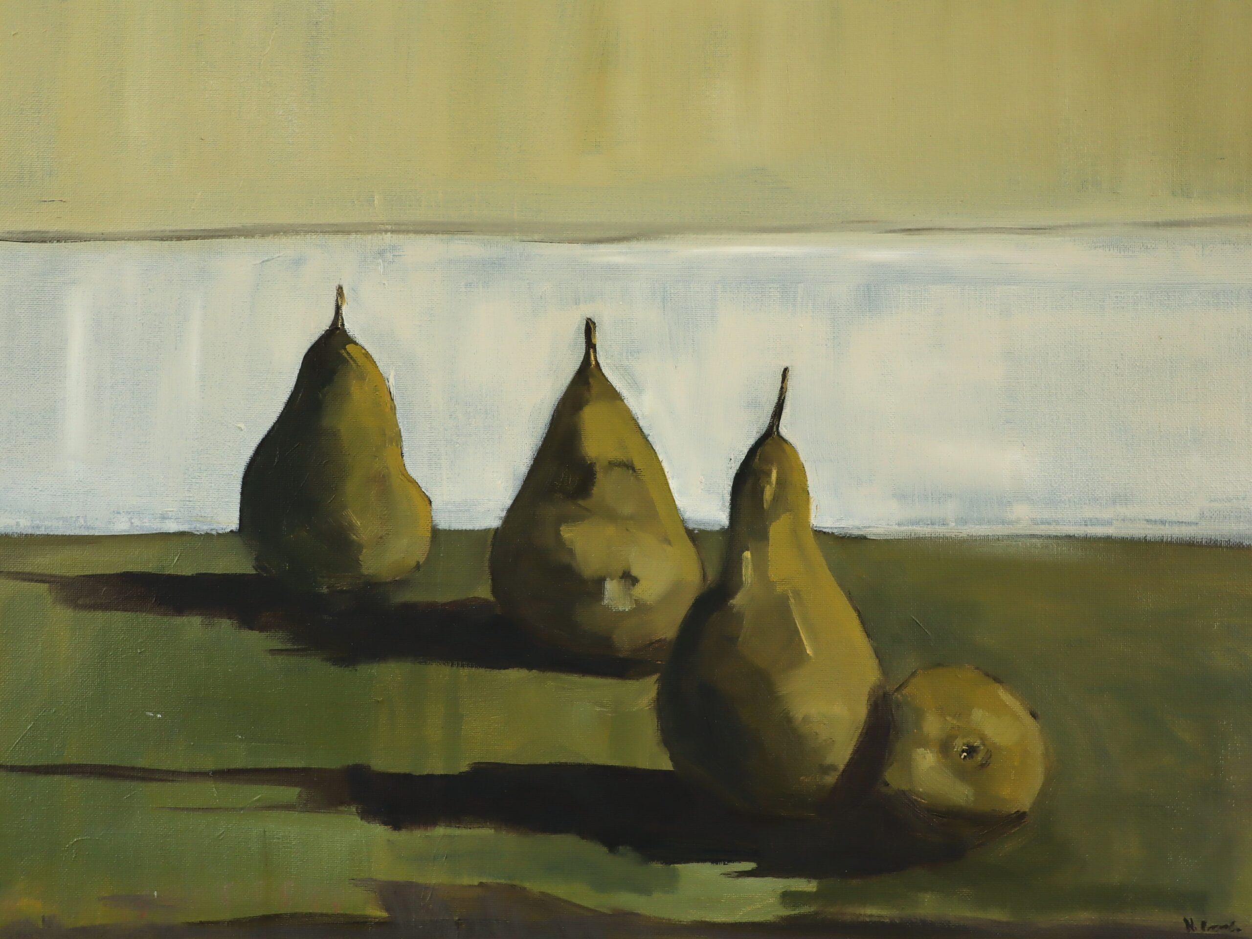 Nature morte expressive contemporaine à l'huile - Poires enceintes en vente 3