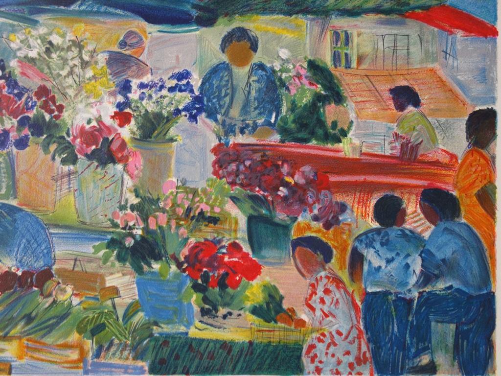 Flowers Market - Original Handsigned Lithograph - Gray Figurative Print by Nancy Delouis