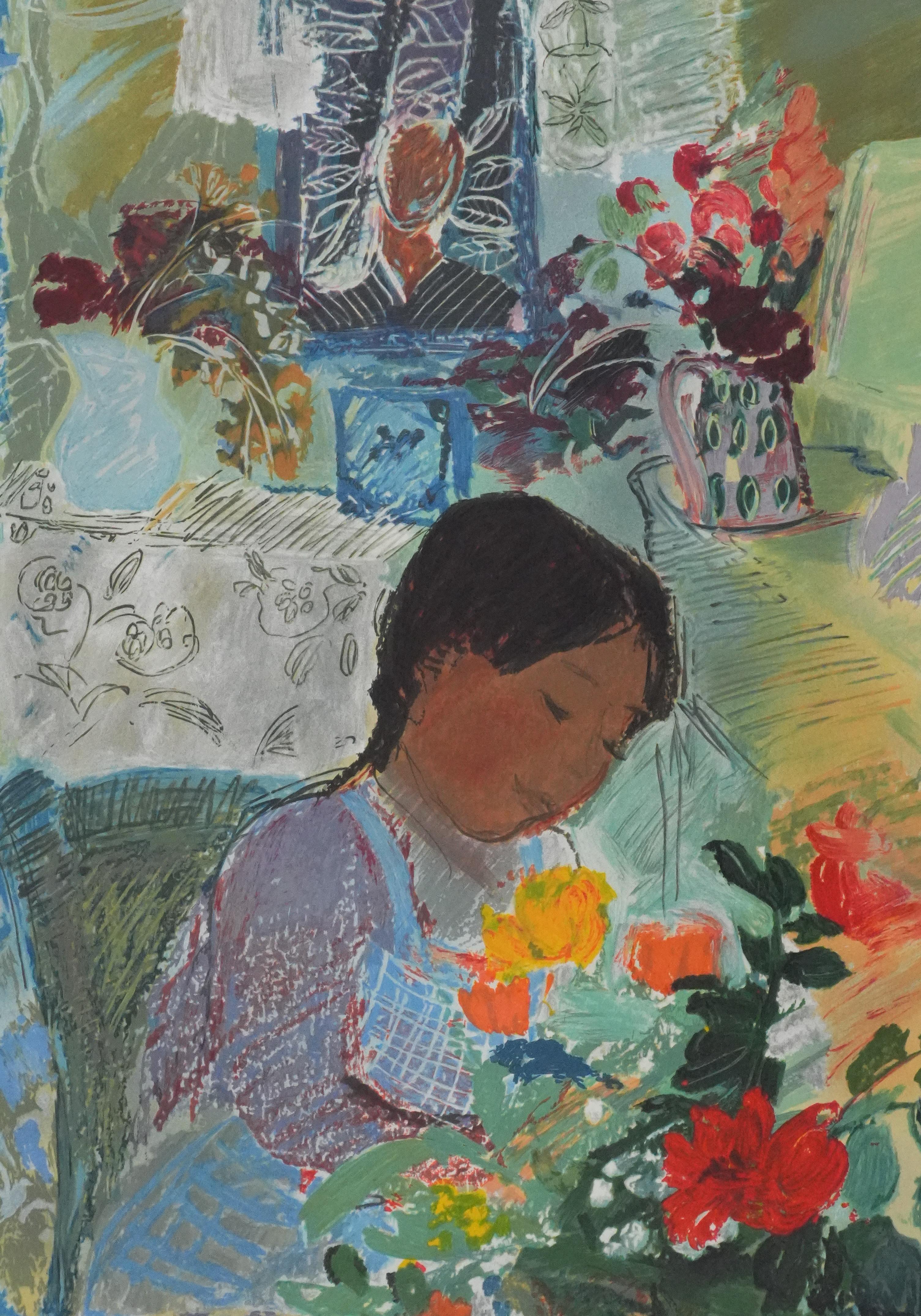 Little Girl - Original Handsigned Lithograph - Gray Figurative Print by Nancy Delouis