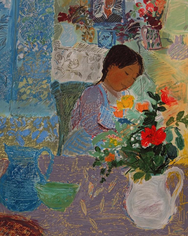 Little Girl's Dream - Original Handsigned Lithograph - Gray Figurative Print by Nancy Delouis