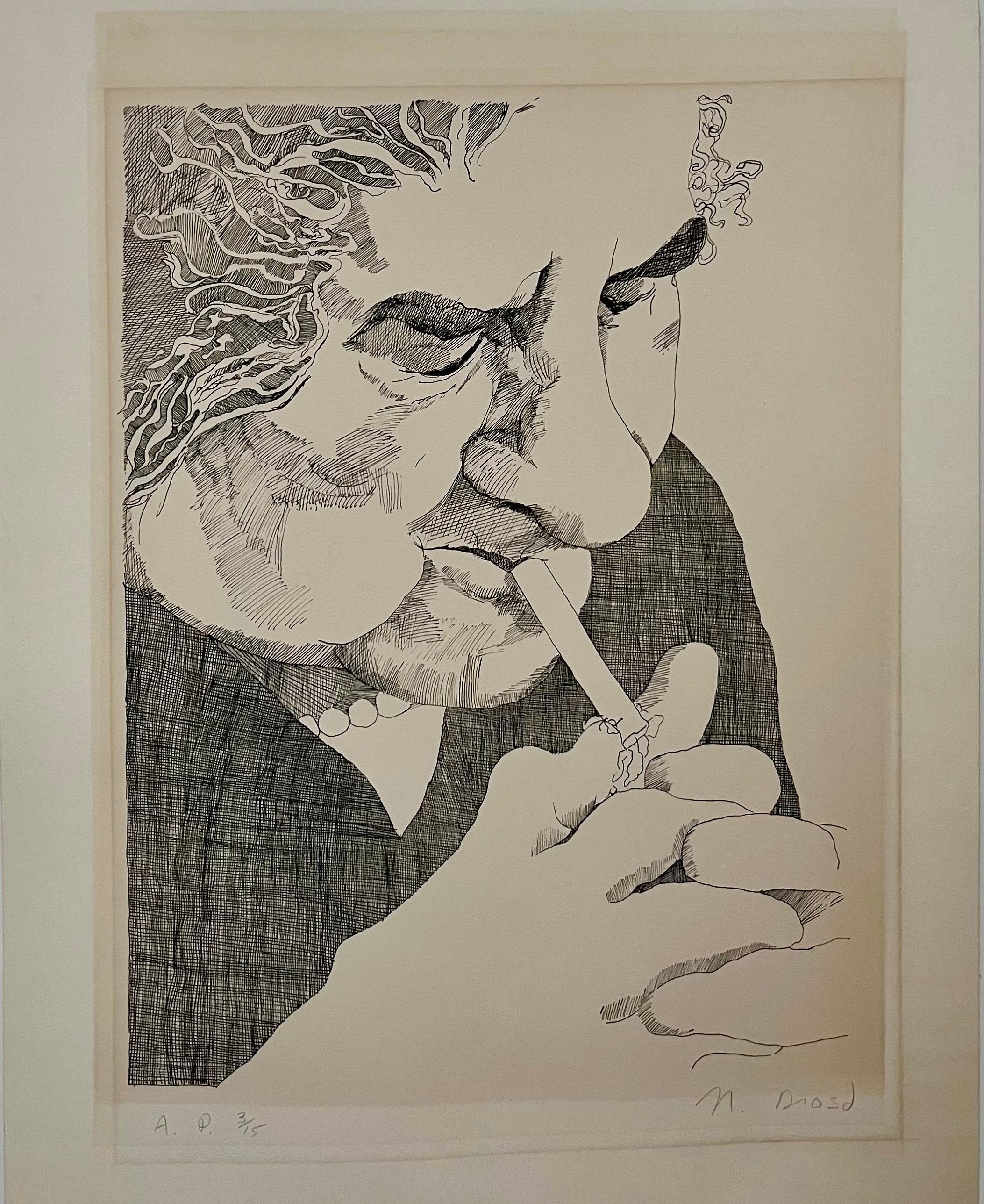 Golda Meir Israeli Woman Prime Minister Smoking Cigarette Ink Line Etching Print For Sale 2