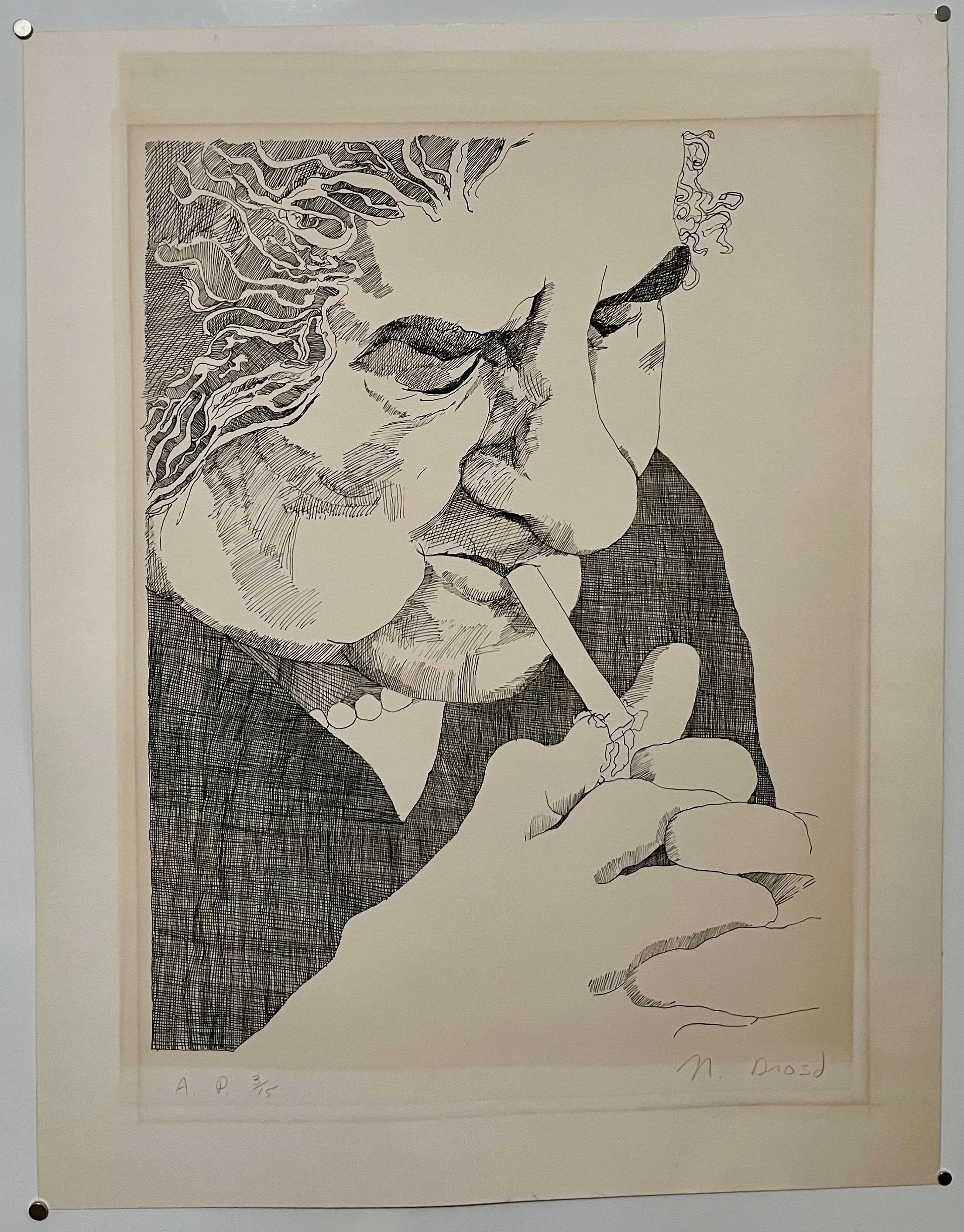 Golda Meir Israeli Woman Prime Minister Smoking Cigarette Ink Line Etching Print For Sale 3