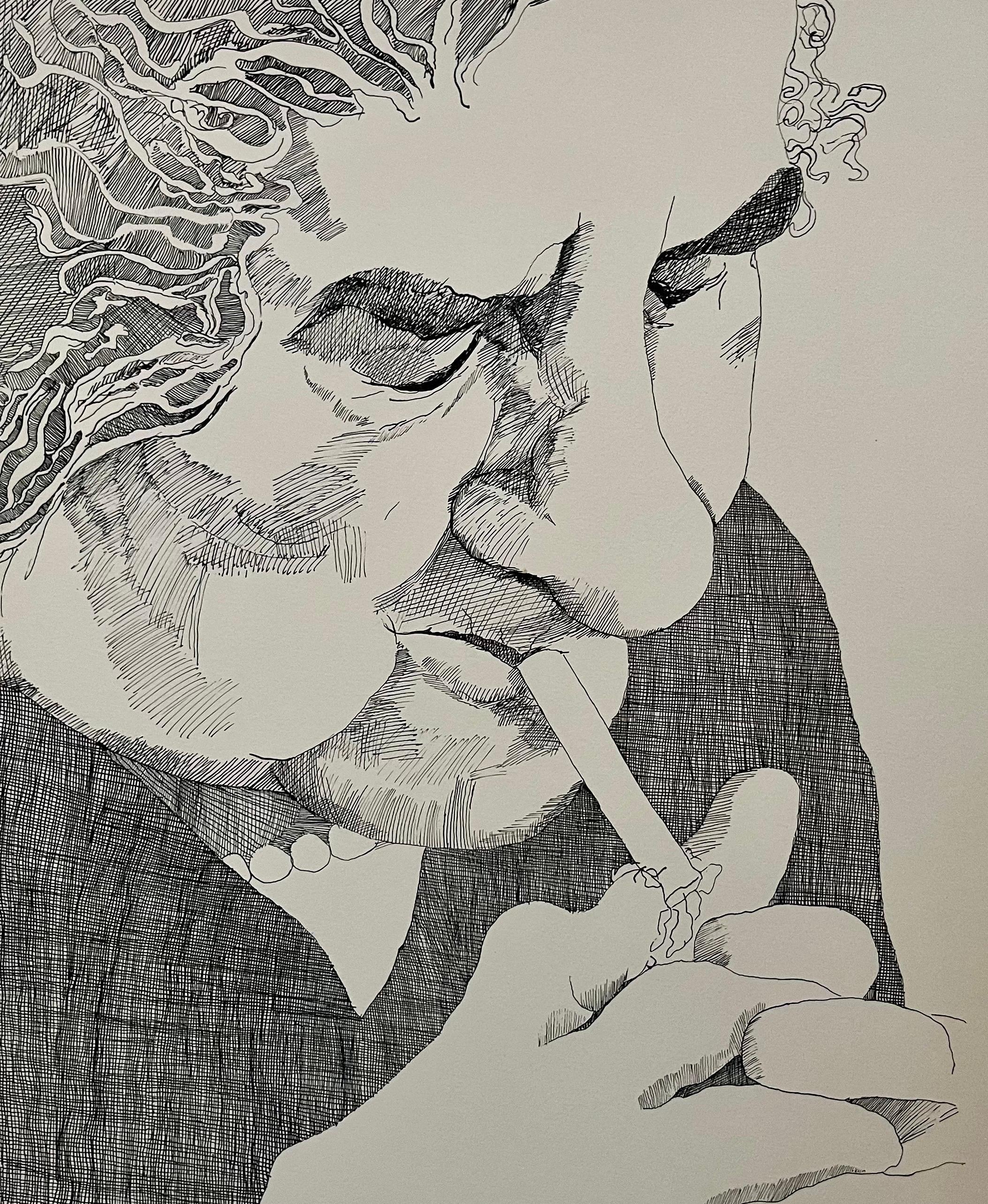 Nancy Drosd Portrait Print - Golda Meir Israeli Woman Prime Minister Smoking Cigarette Ink Line Etching Print