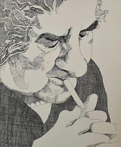 Vintage Golda Meir Israeli Woman Prime Minister Smoking Cigarette Ink Line Etching Print