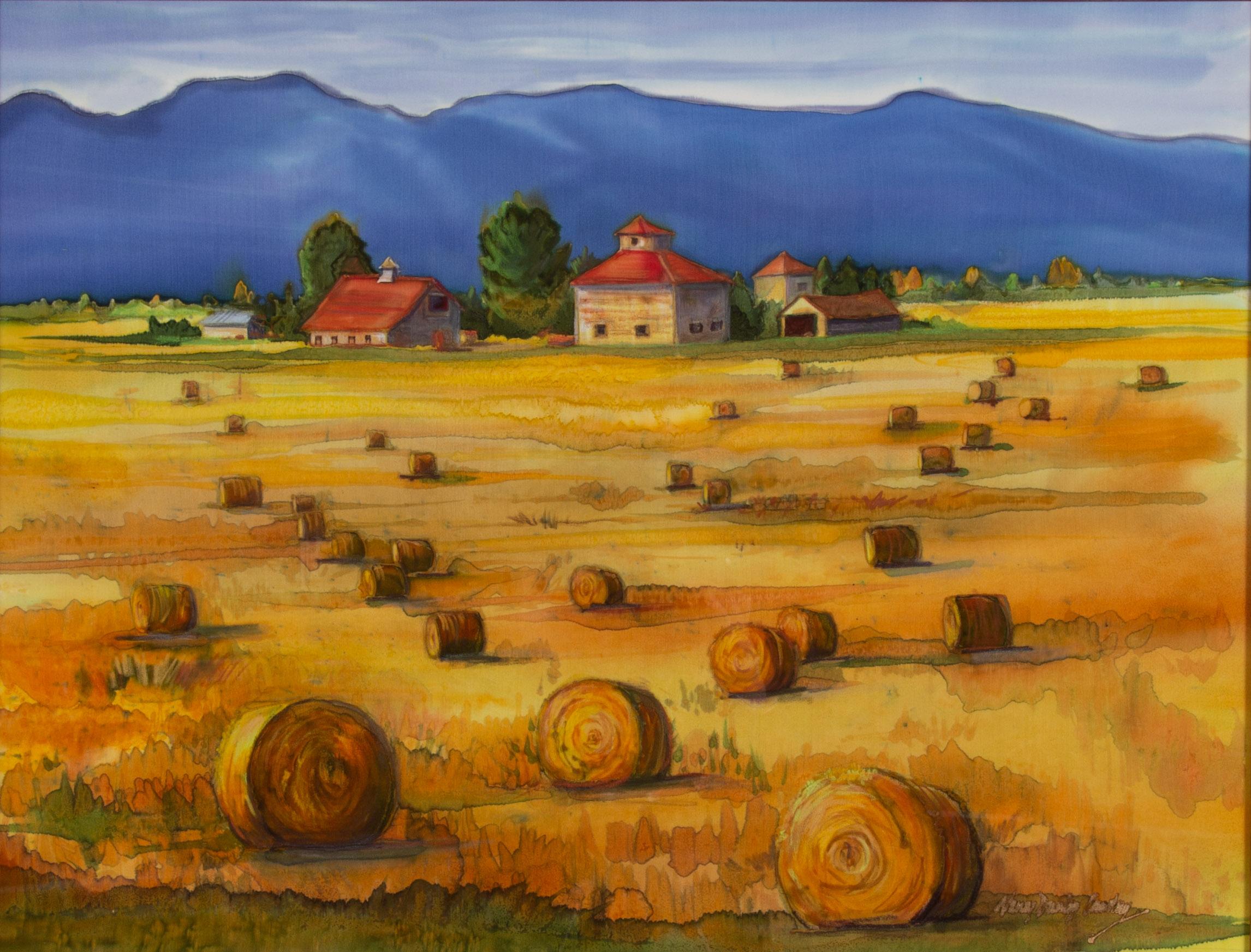Peinture de la vallée louée teintée à la ferme sur soie, paysage de l'art occidental - Painting de Nancy Dunlop Cawdrey