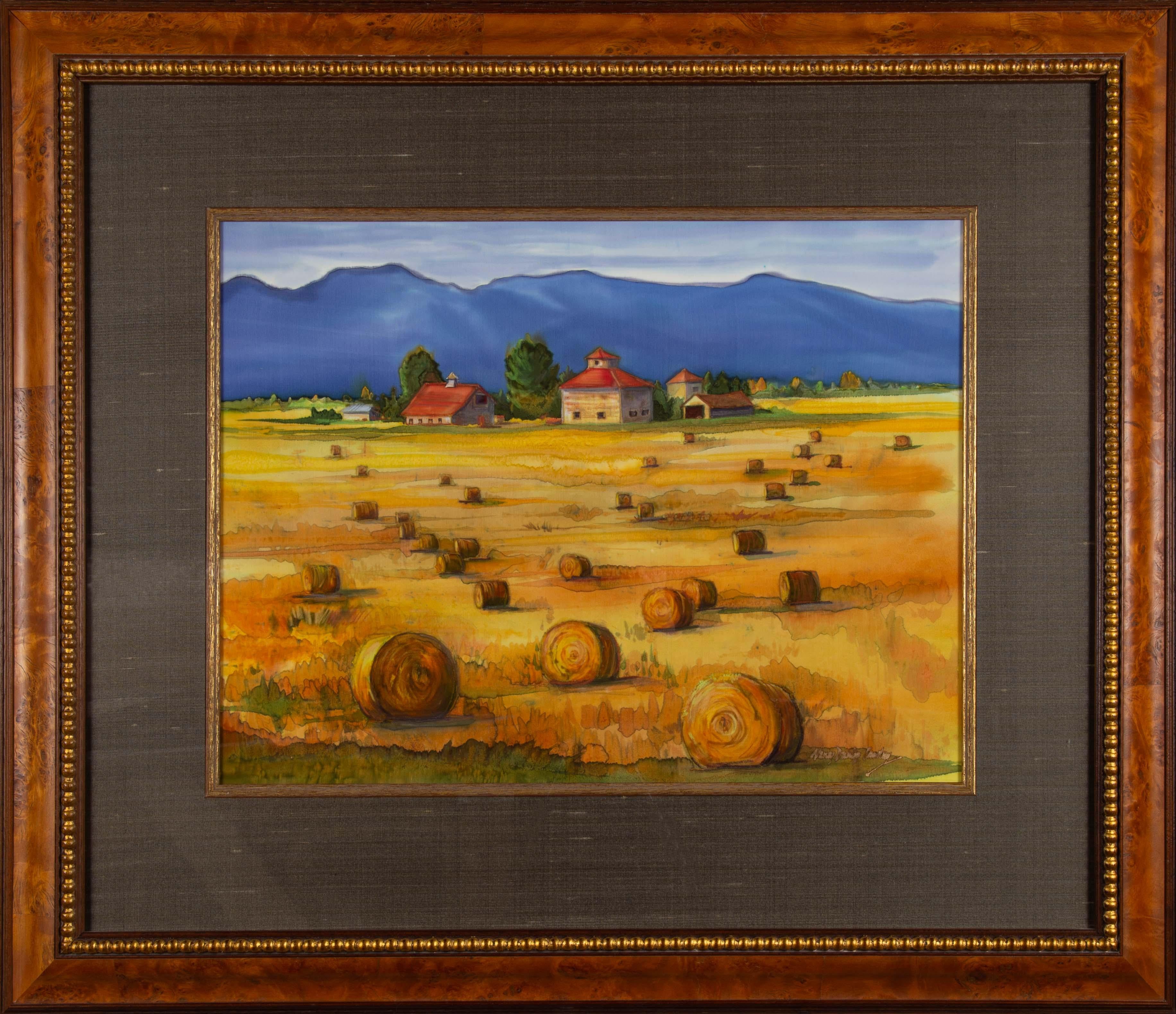 Landscape Painting Nancy Dunlop Cawdrey - Peinture de la vallée louée teintée à la ferme sur soie, paysage de l'art occidental