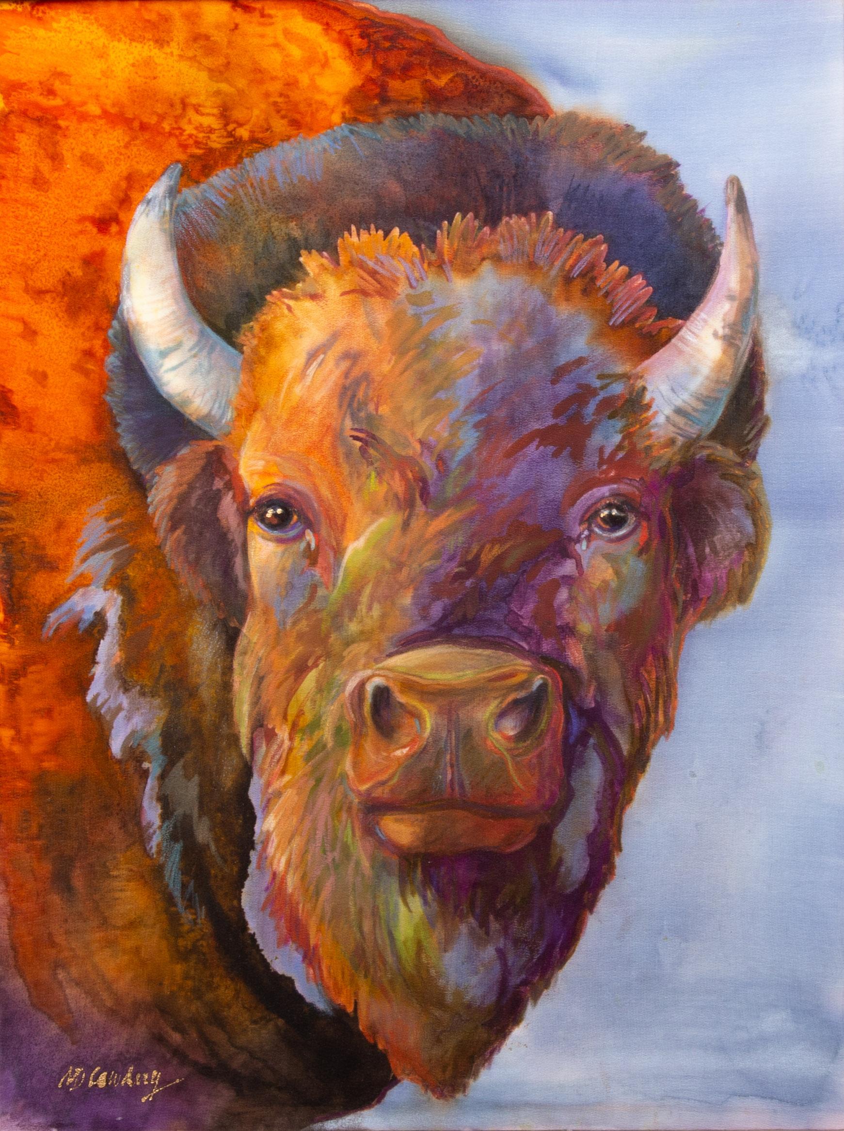Close Encounter Original Nancy Dunlop Cawdrey Bison Silk Painting Western Art For Sale 1