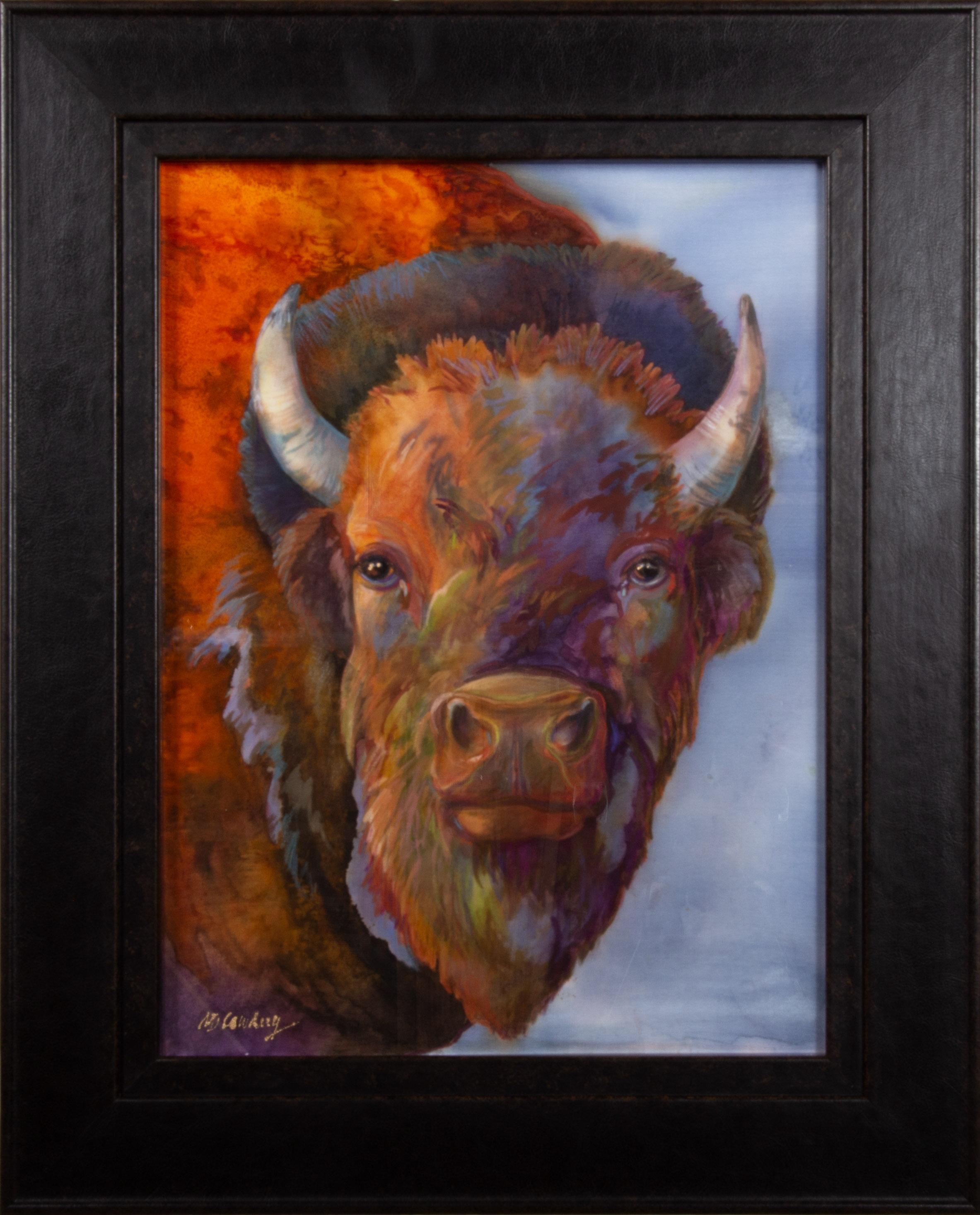 "Close Encounter" by Nancy Dunlop Cawdrey, Dye on Silk, 16" x 23", 21" x 17" framed in a black faux leather frame, signed lower left, hanging wire included.

Nancy Dunlop Cawdrey lives in a world of color. And she likes to paint that way as well.