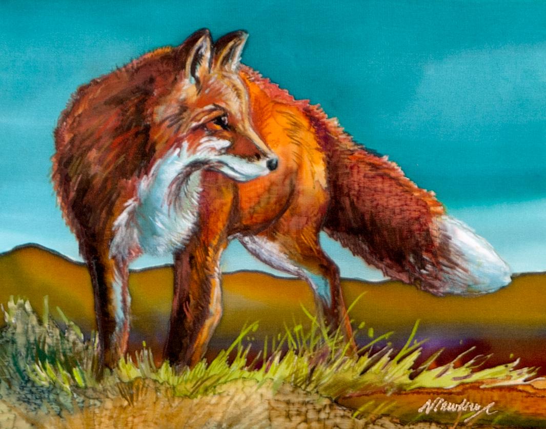 Vope Bello Original Nancy Dunlop Cawdrey Fox Silk Painting Wildlife Western Art For Sale 1
