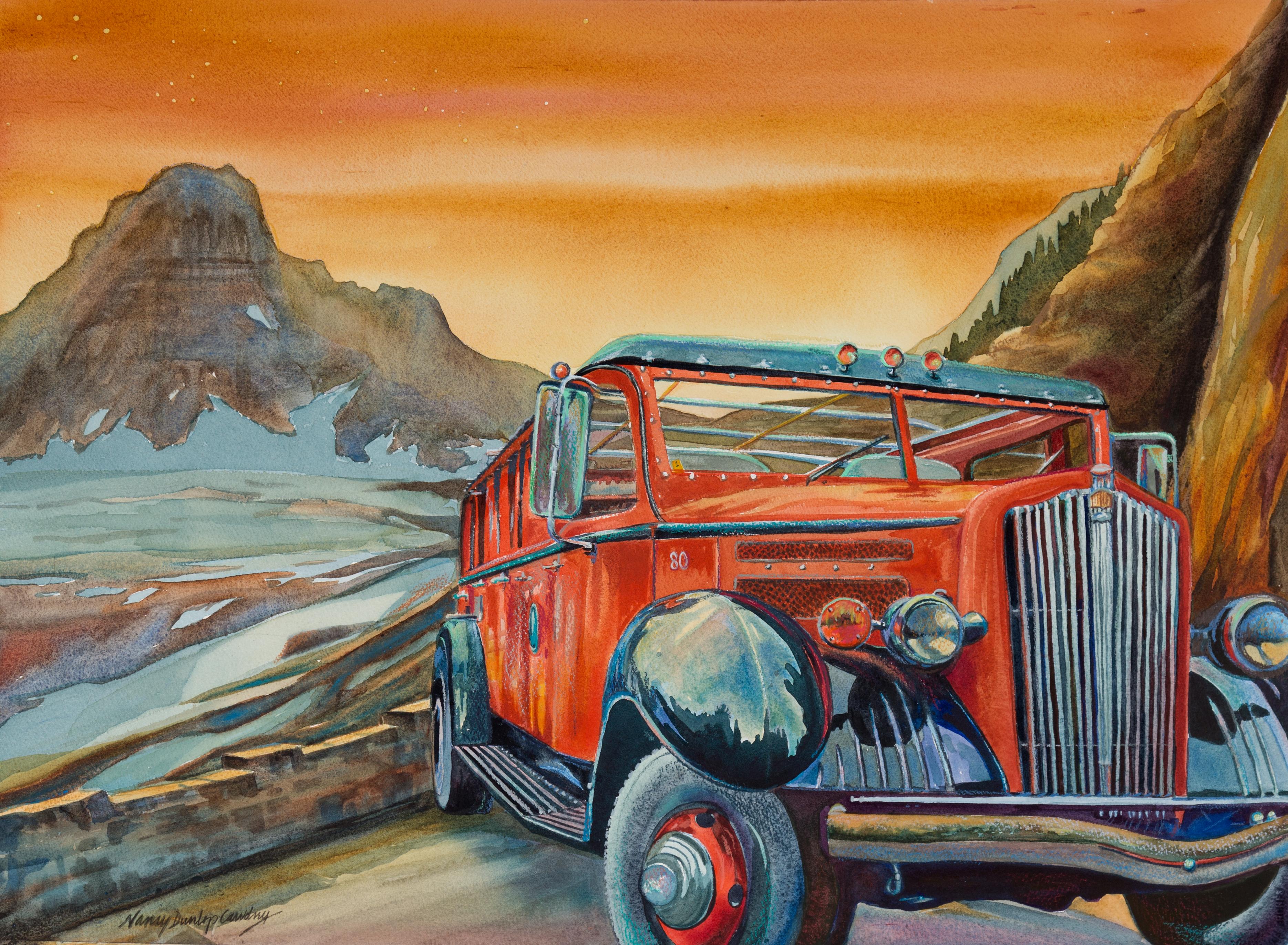 Impression de bus de la grille du Glacier Nancy Cawdrey Paper Giclee Glacier National Park - Print de Nancy Dunlop Cawdrey