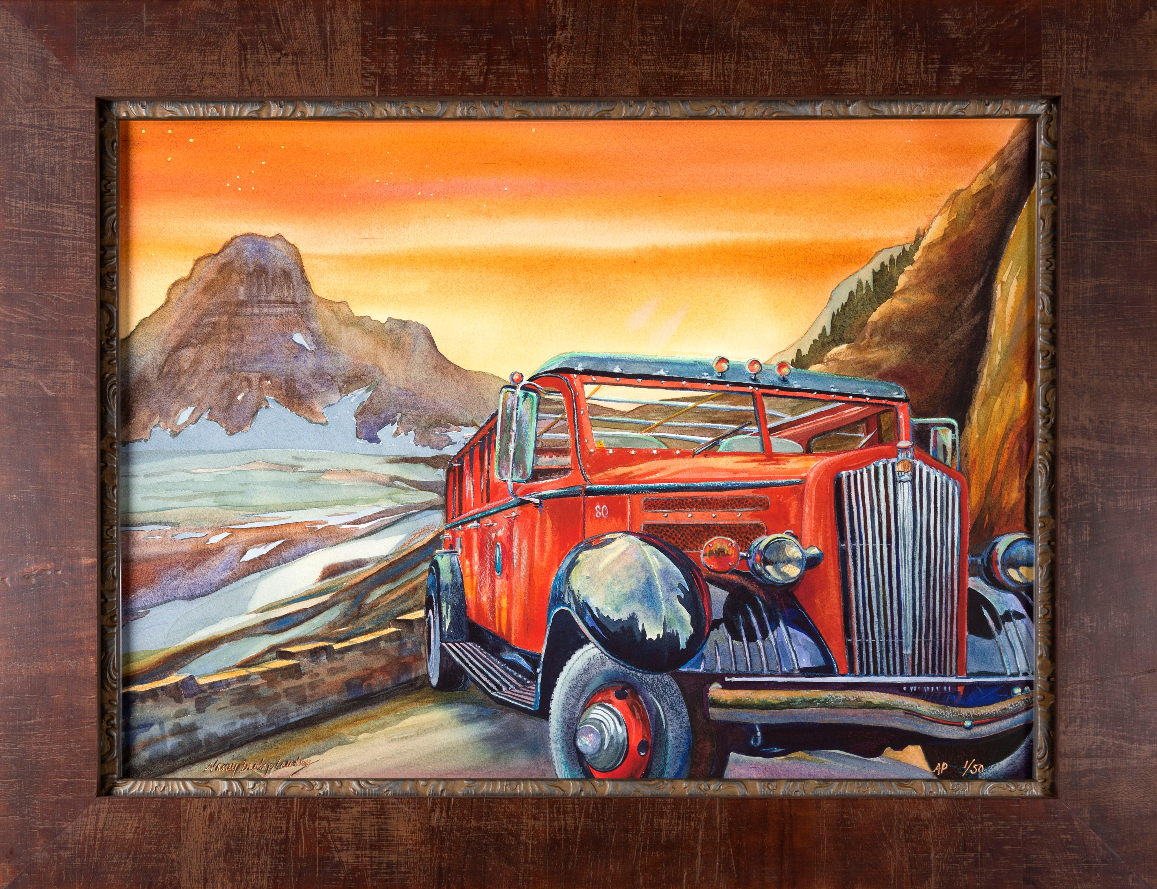Landscape Print Nancy Dunlop Cawdrey - Impression de bus de la grille du Glacier Nancy Cawdrey Paper Giclee Glacier National Park