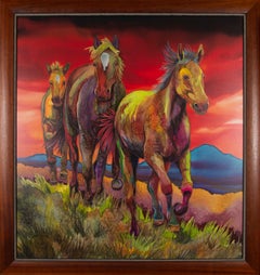 Gemalte Ponys Gerahmtes Giclée auf Leinwand Bunte laufende Pferde Western Kunst