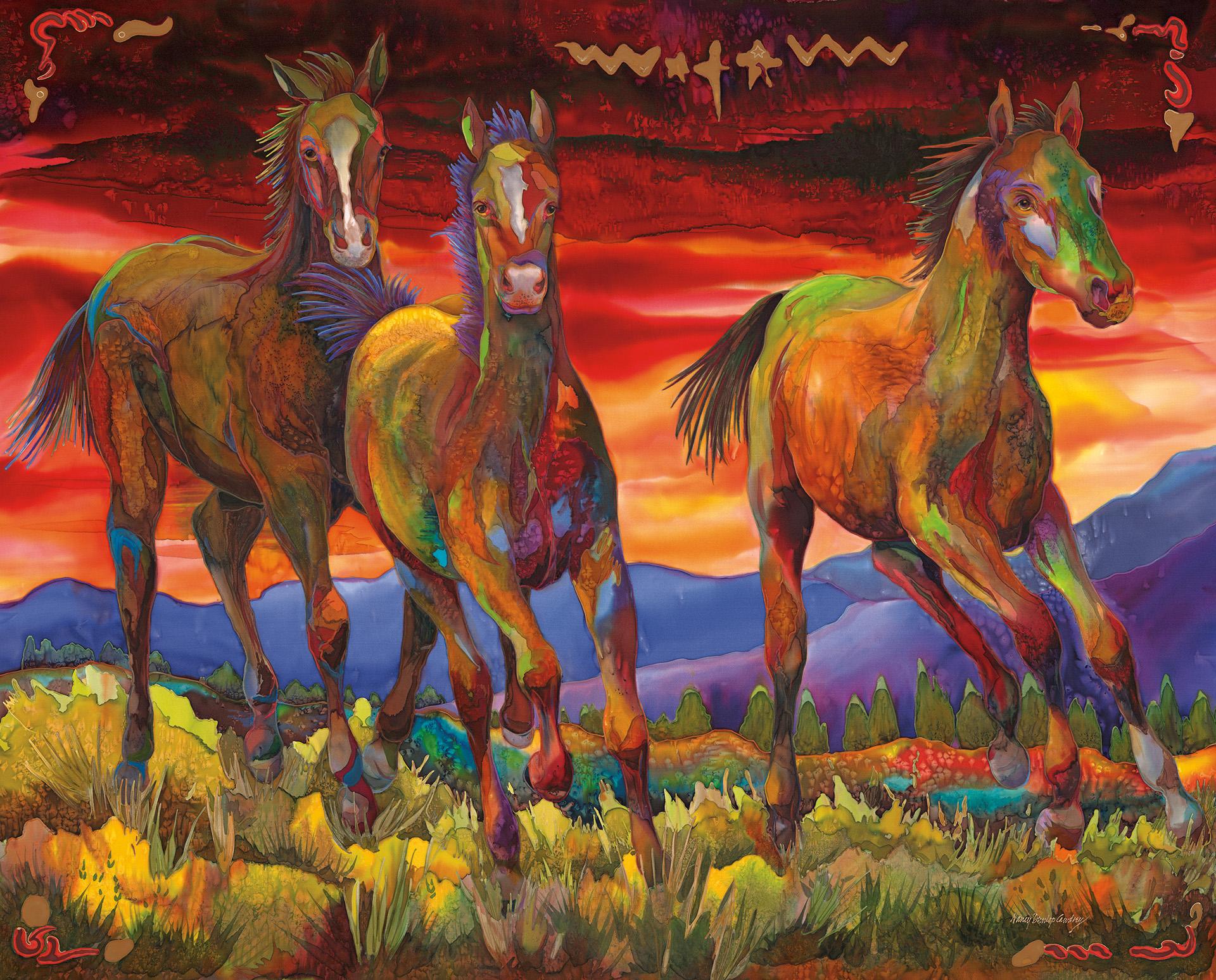 Triple Creek Colts Giclée encadrée sur toile Colorful Running Horses Western Art - Print de Nancy Dunlop Cawdrey