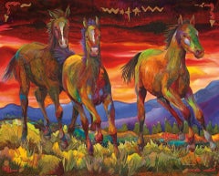 Triple Creek Colts Framed Giclée on Canvas Colorful Running Horses Western Art