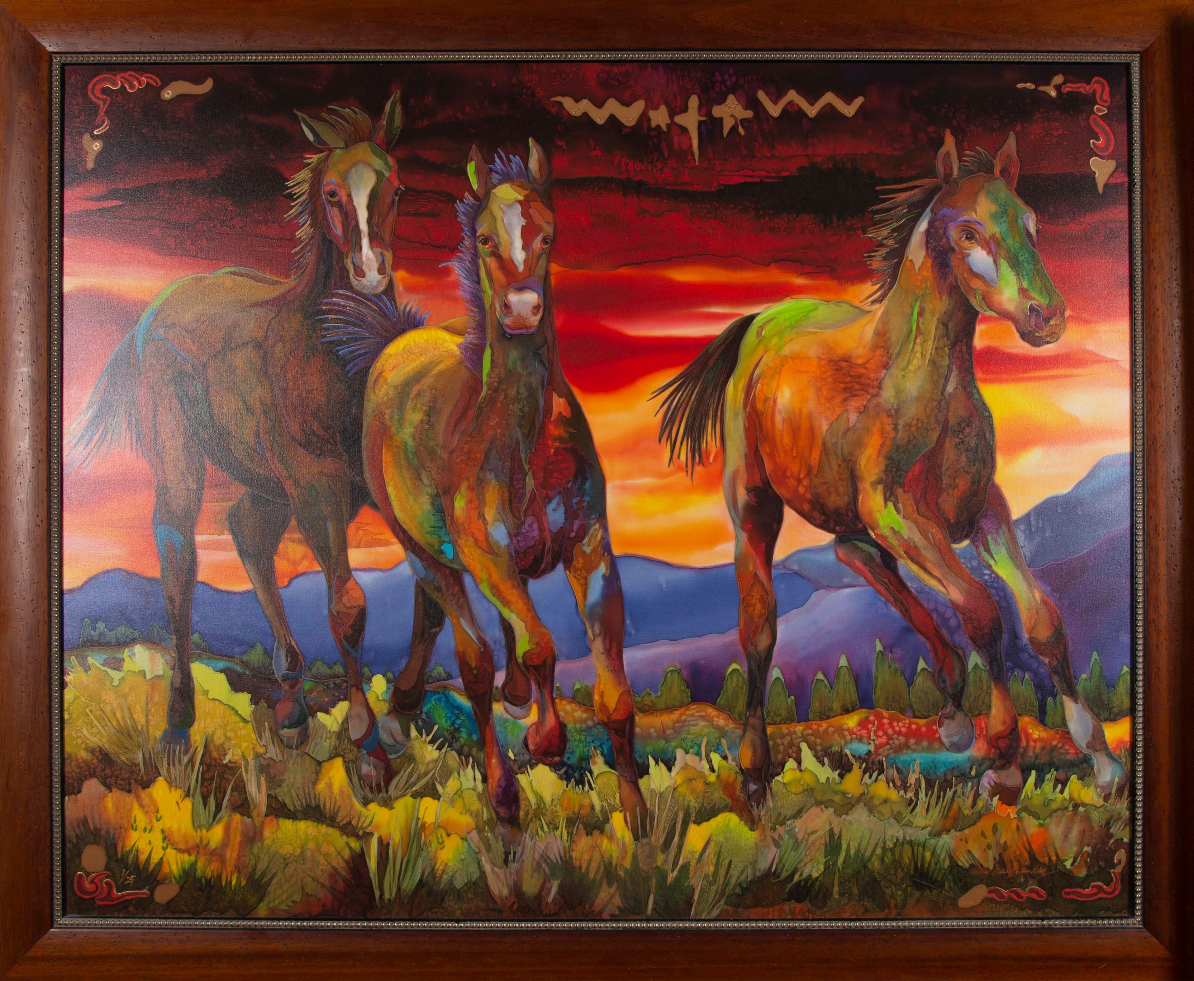 Nancy Dunlop Cawdrey Animal Print - Triple Creek Colts Framed Giclée on Canvas Colorful Running Horses Western Art