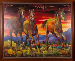 Triple Creek Colts Giclée encadrée sur toile Colorful Running Horses Western Art