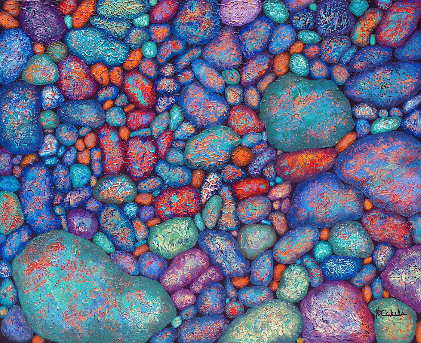 Abstrakte „A Few Red Fancy Rocks“ mit strukturierten violetten, blauen, roten und aquafarbenen Motiven – Mixed Media Art von Nancy Eckels