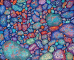 " A Few Red Fancy Rocks" abstract with textural purples, blues, red and aqua